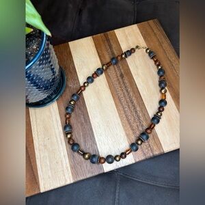 Brass, navy and brown beaded necklace, vintage piece 13”, 27” full length